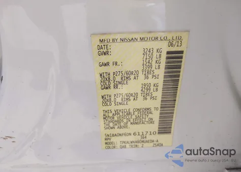 2013 Nissan Armada Platinum from USA, damaged, VIN 5N1BA0NF6DN611710